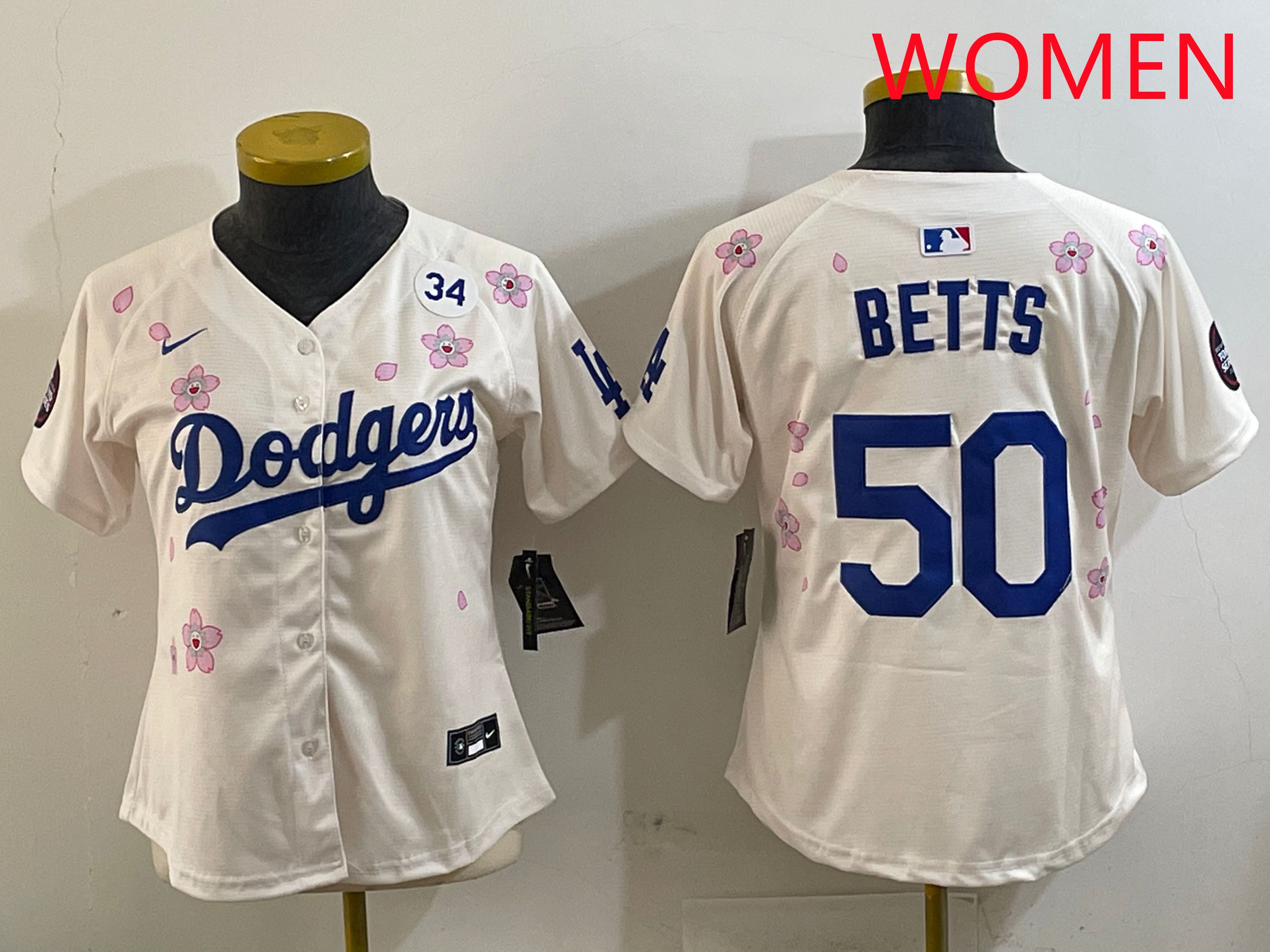 Women Los Angeles Dodgers #50 Betts Cream Sakura Edition 2025 Nike MLB Jersey style 4->women mlb jersey->Women Jersey